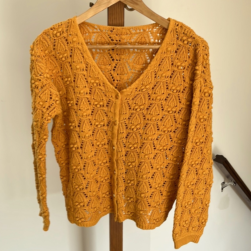 Open-Knit V-Neck Cardigan Sweater in Mustard